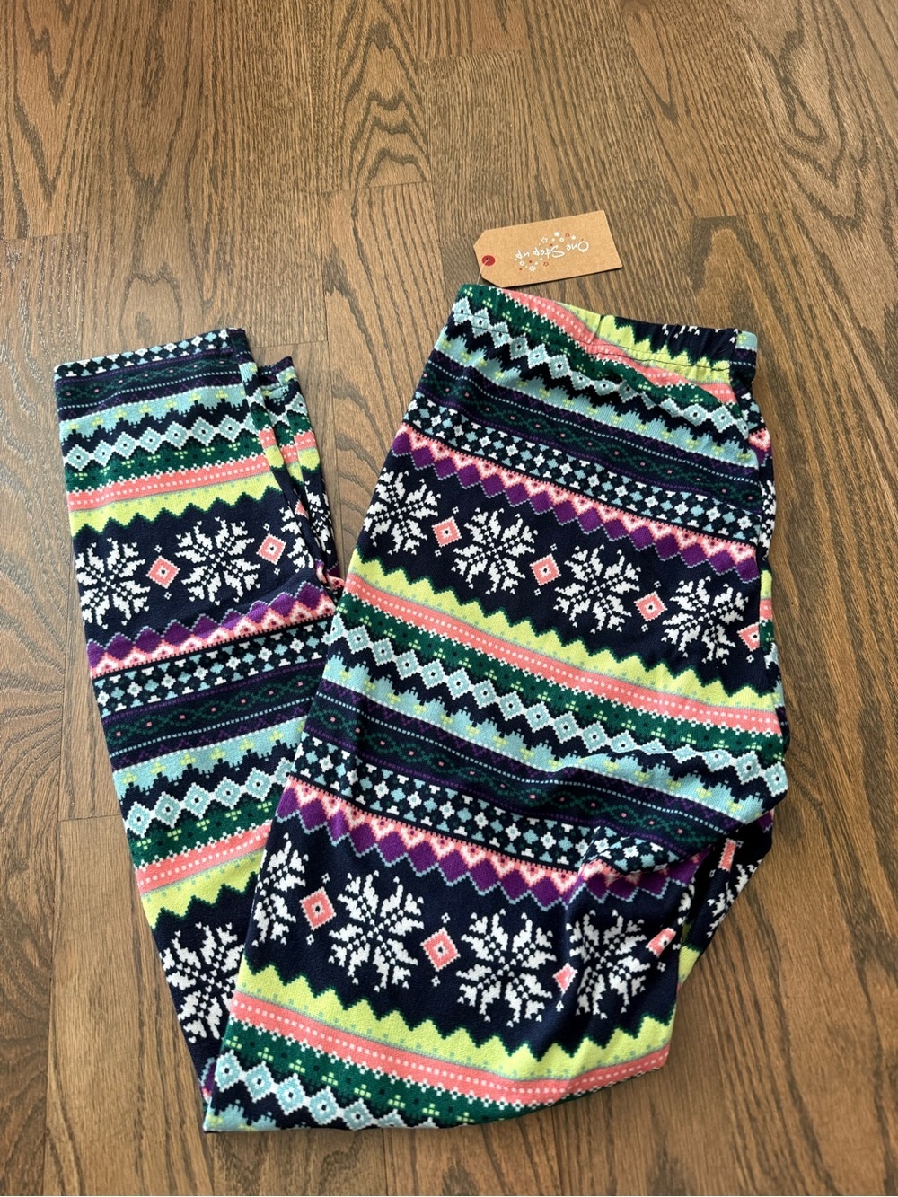 One Step up Cozy Vibes Navy Fair Isle Stripe woman’s Leggings Neon Accent 1X